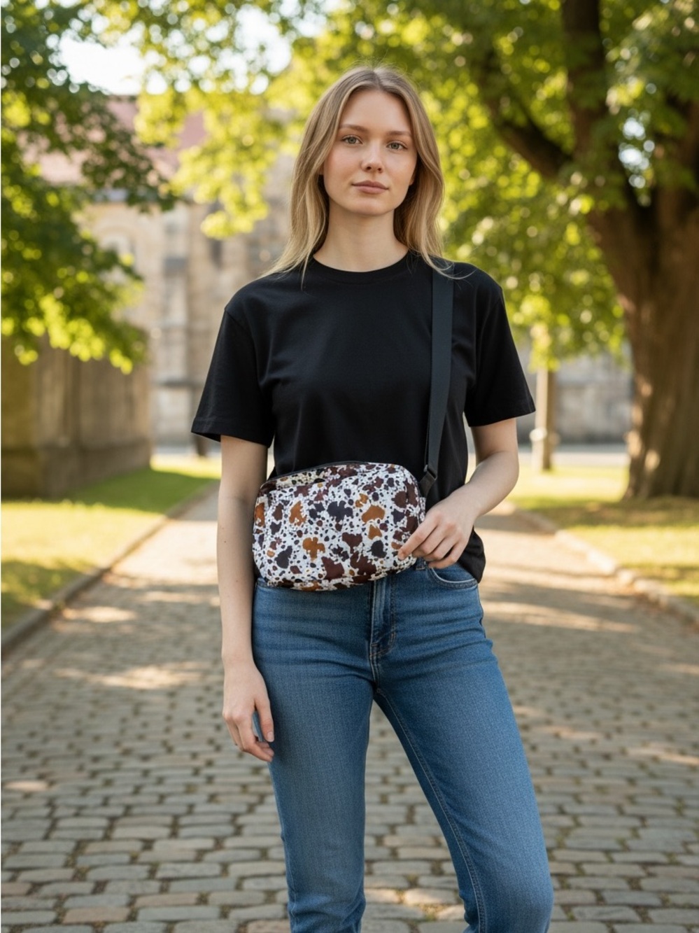 Casual Cow-Print Crossbody Belt Bag - Brown & White
